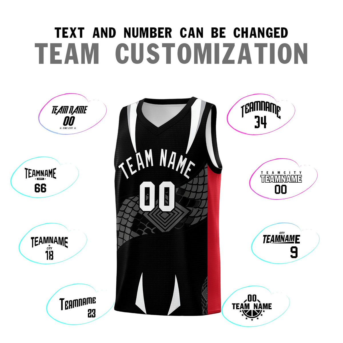 Custom Black Red  Snake Scale Venomous Fang Breathable Graffiti Pattern Basketball Suit Jersey