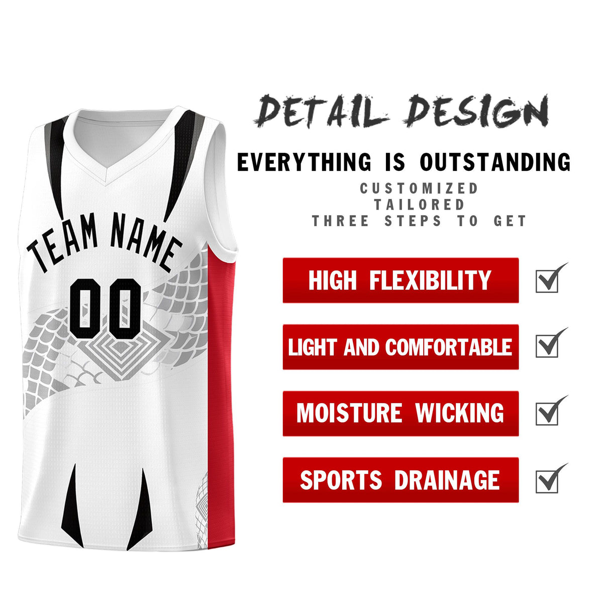 Custom White Red Snake Scale Venomous Fang for Clubs Graffiti Pattern Basketball Suit Jersey