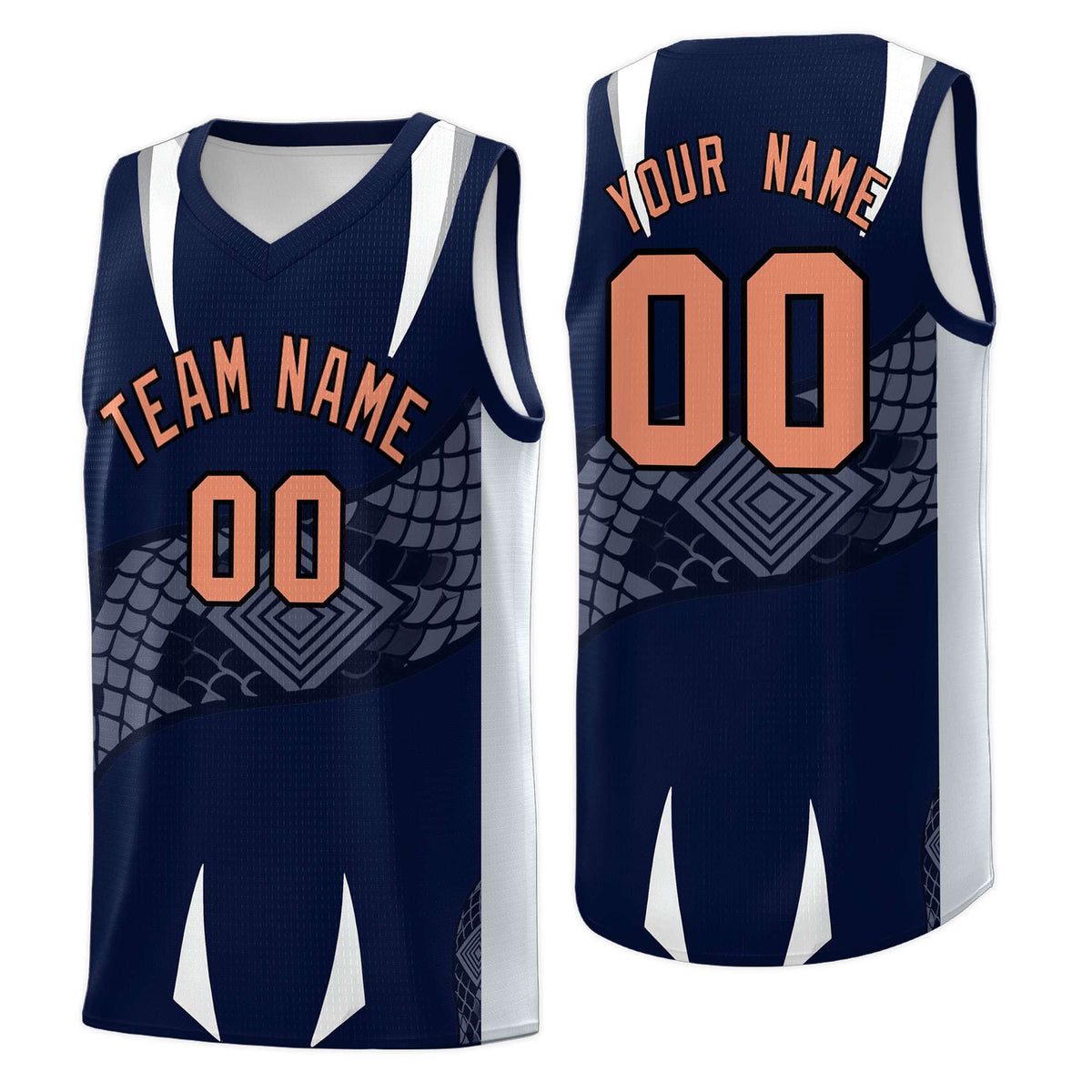 Custom Navy Silver Snake Scale Venomous Fang Drapable Graffiti Pattern Basketball Suit Jersey