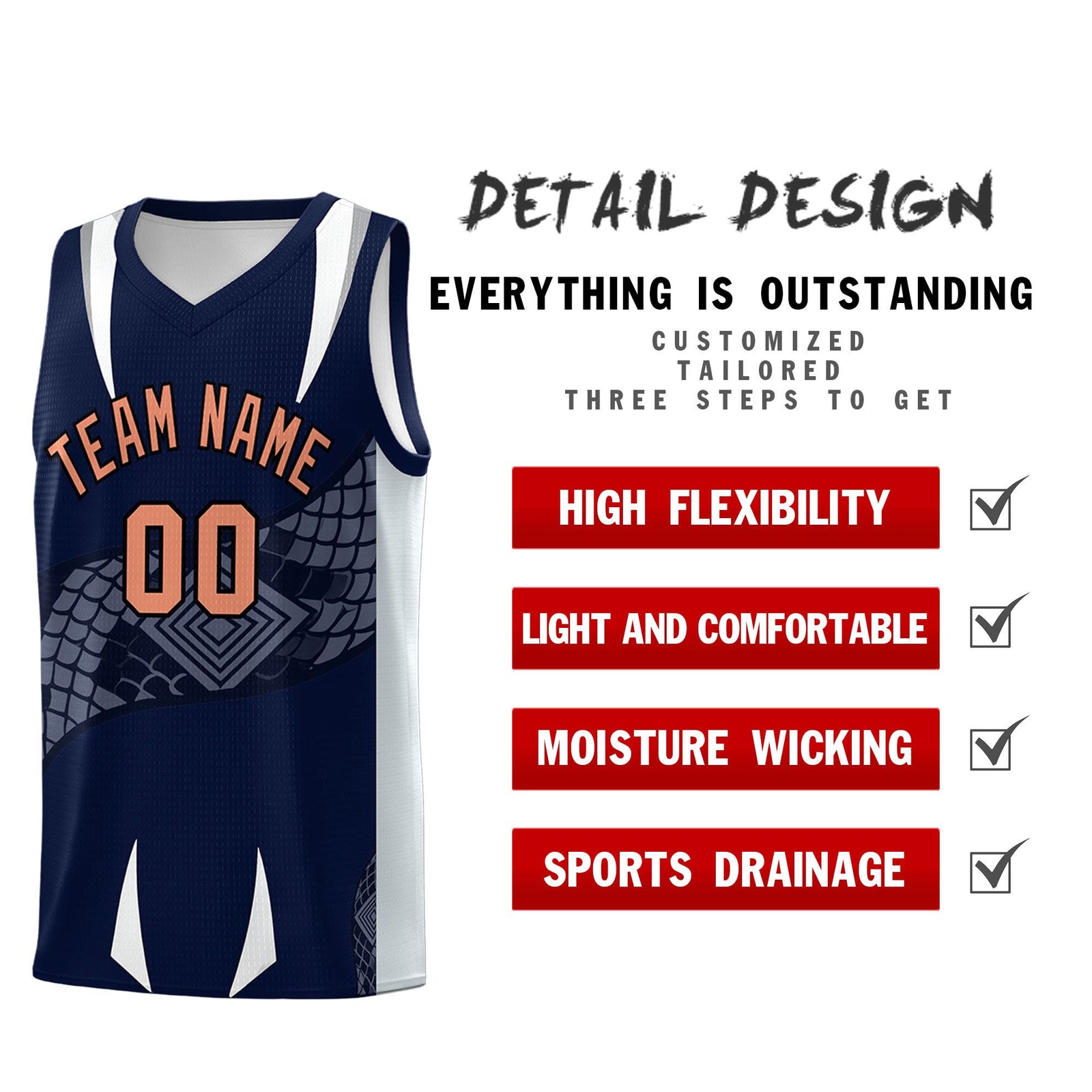 Custom Navy Silver Snake Scale Venomous Fang Drapable Graffiti Pattern Basketball Suit Jersey