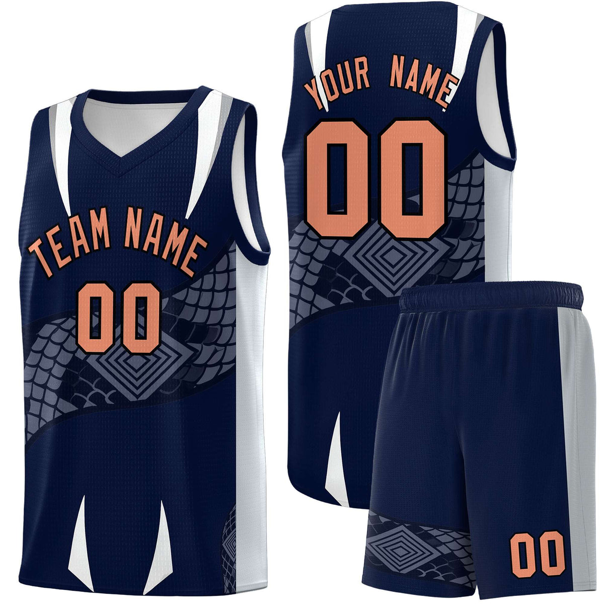 Custom Navy Silver Snake Scale Venomous Fang Drapable Graffiti Pattern Basketball Suit Jersey