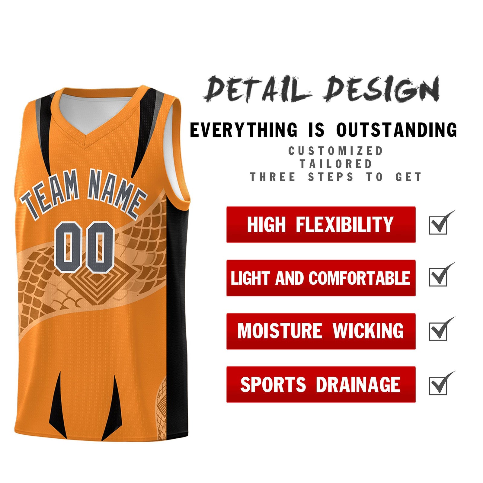 Custom Orange Black Snake Scale Venomous Fang for Clubs Graffiti Pattern Basketball Suit Jersey