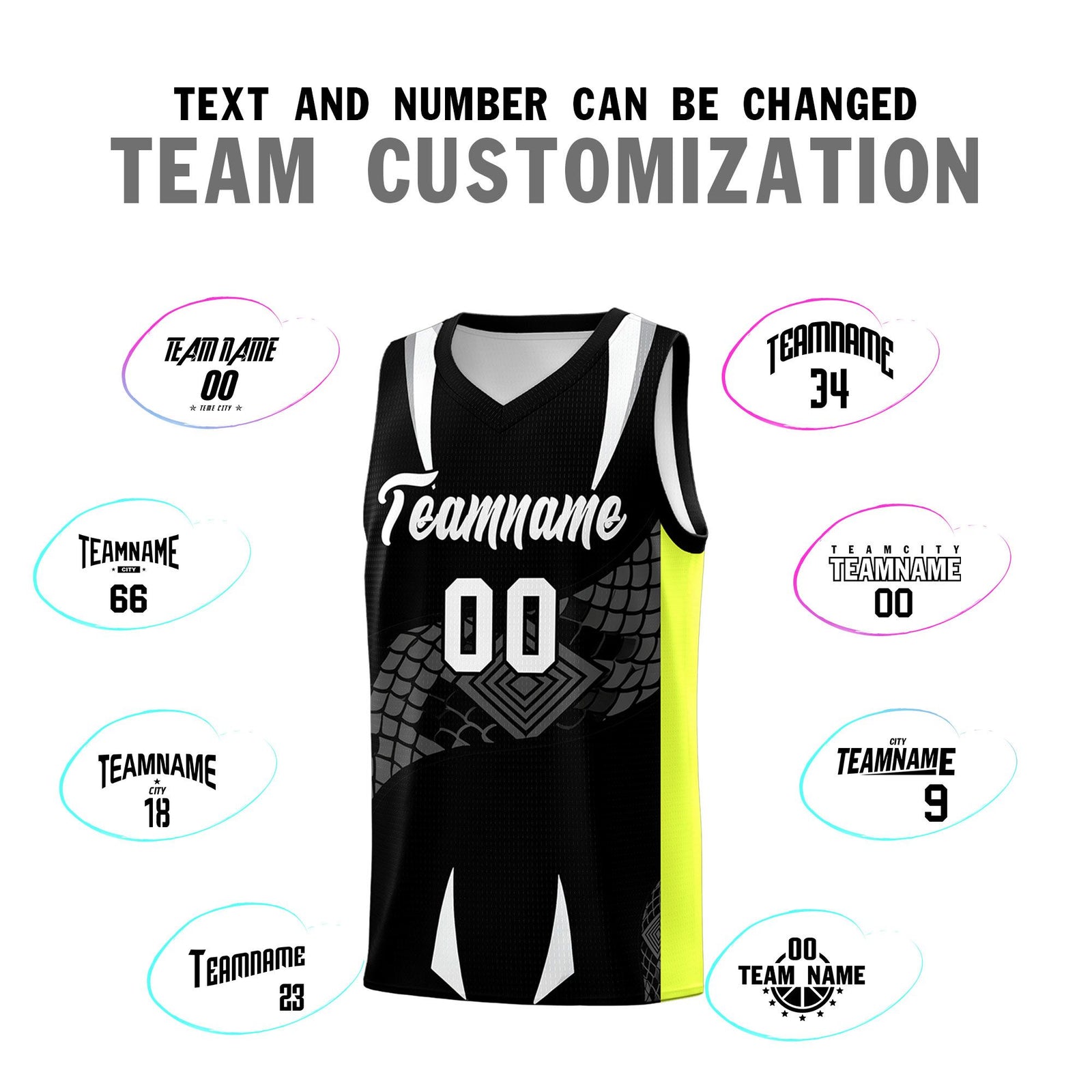 Custom Black Neon Green Snake Scale Venomous Fang Breathable Graffiti Pattern Basketball Suit Jersey
