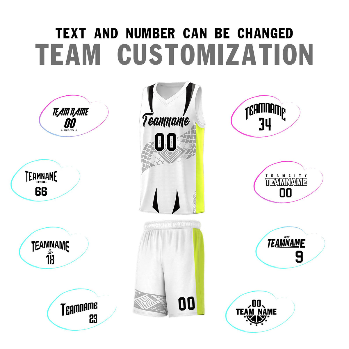 Custom White Neon Green Snake Scale Venomous Fang for Clubs Graffiti Pattern Basketball Suit Jersey