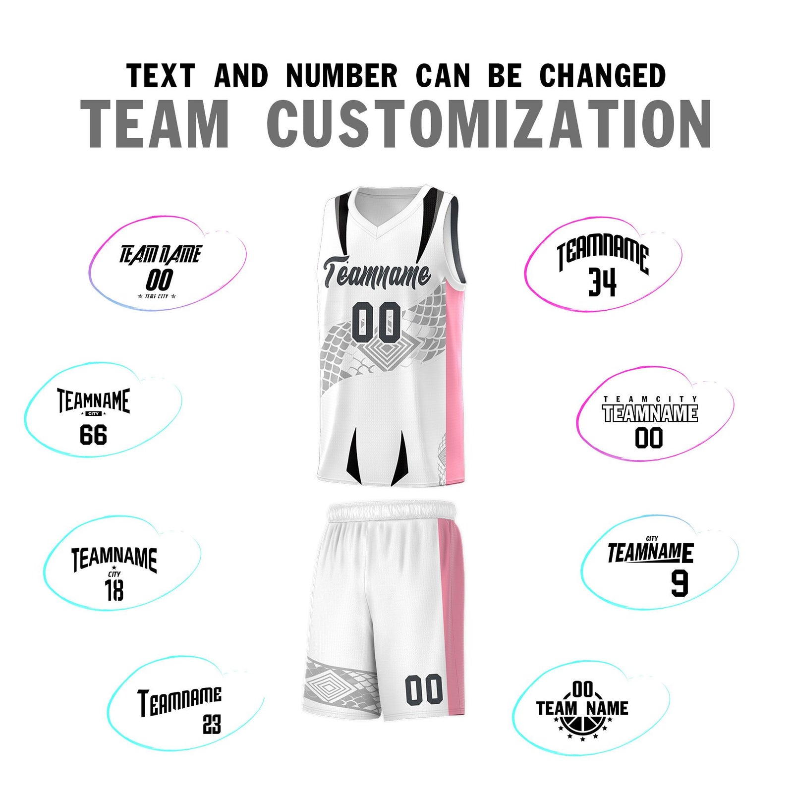 Custom White Light Pink Snake Scale Venomous Fang for Leagues Graffiti Pattern Basketball Suit Jersey