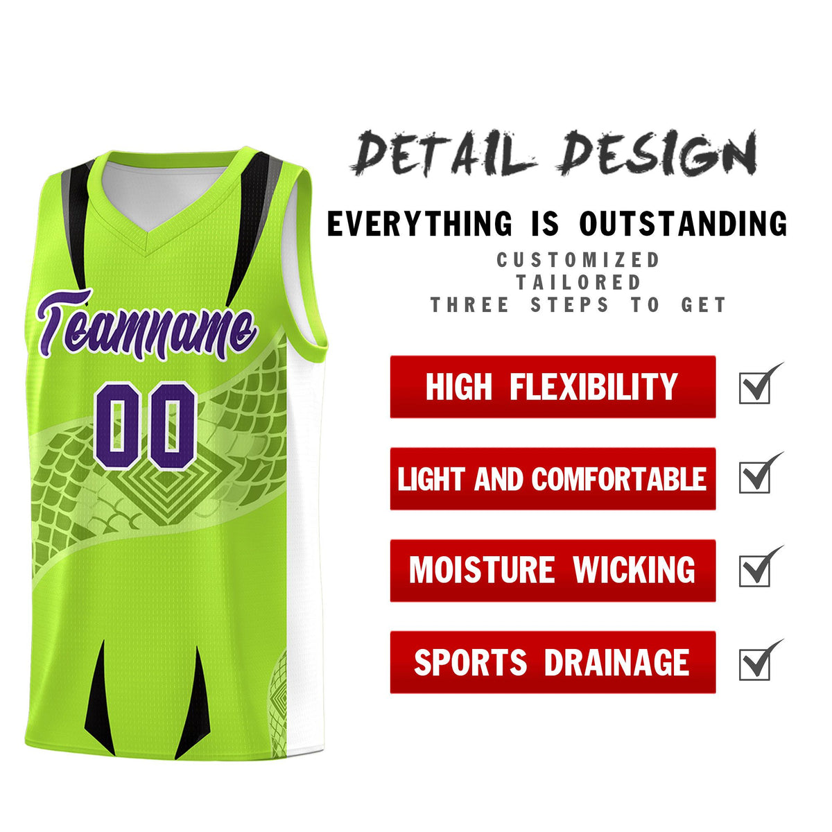 Custom Neon Green White Snake Scale Venomous Fang for Clubs Graffiti Pattern Basketball Suit Jersey