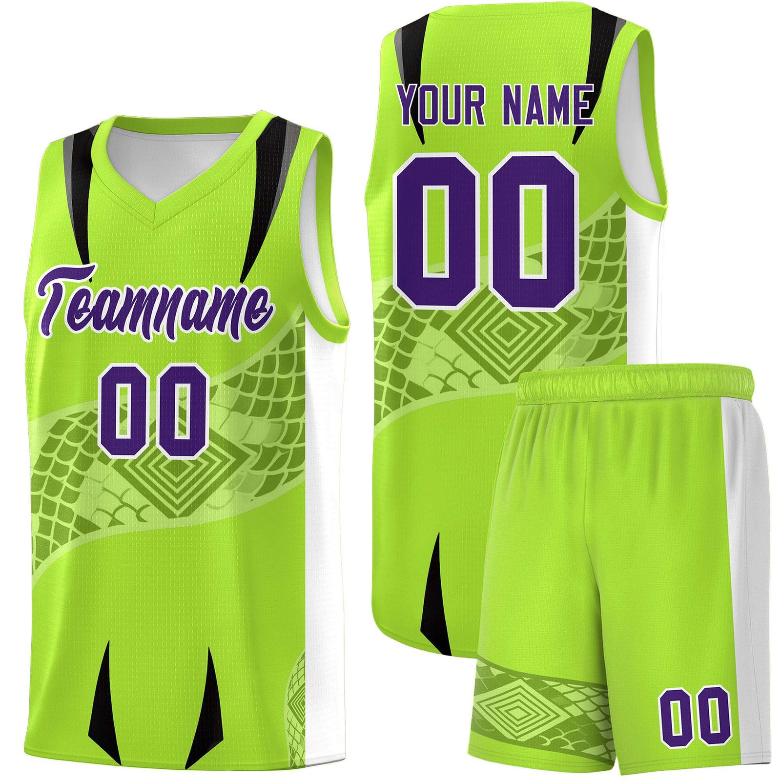 Custom Neon Green White Snake Scale Venomous Fang for Clubs Graffiti Pattern Basketball Suit Jersey