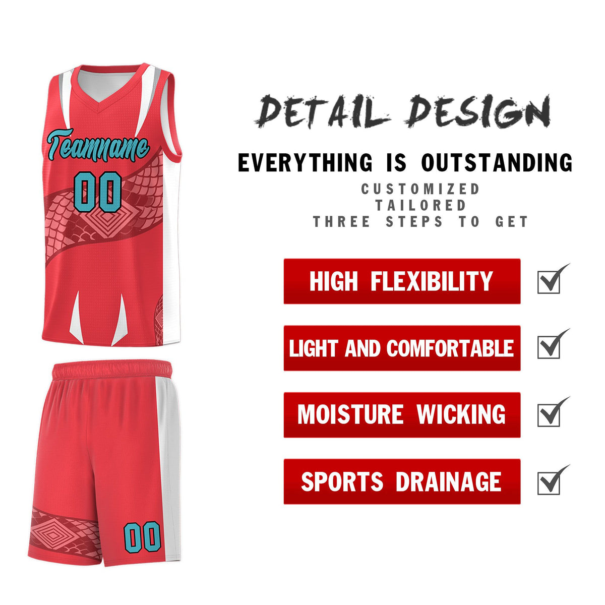 Custom Light Red White Snake Scale Venomous Fang Lightweight Graffiti Pattern Basketball Suit Jersey