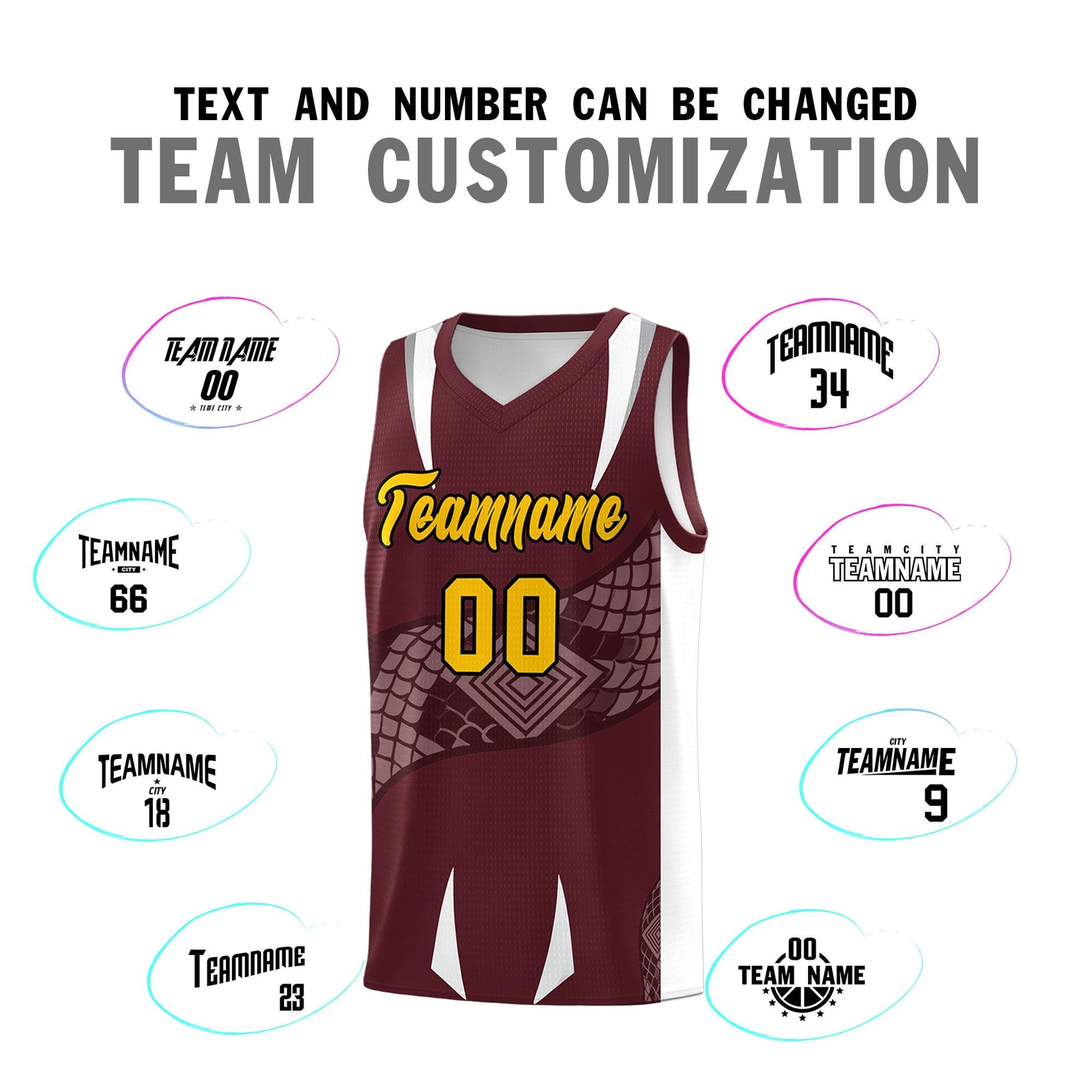 Custom Burgundy White Snake Scale Venomous Fang Drapable Graffiti Pattern Basketball Suit Jersey