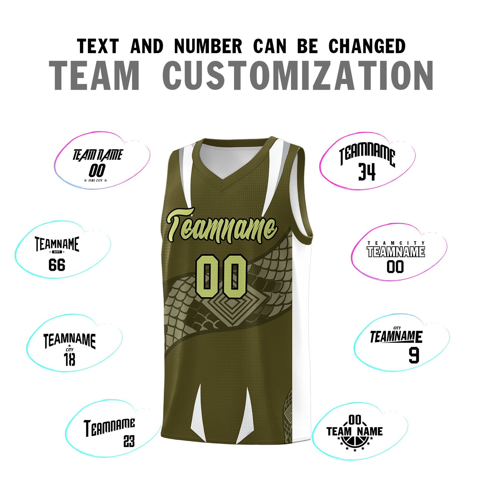 Custom Olive White Snake Scale Venomous Fang Breathable Graffiti Pattern Basketball Suit Jersey