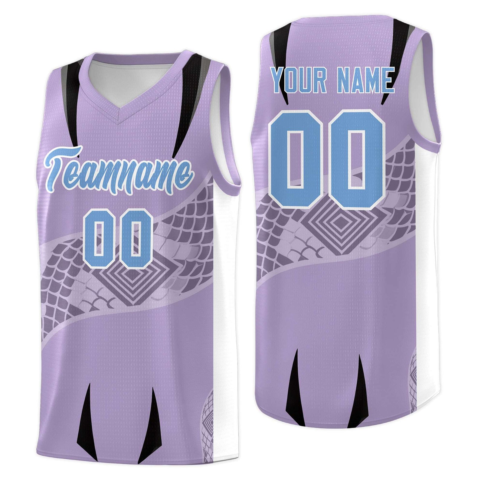 Custom Light Purple White Snake Scale Venomous Fang for Team Graffiti Pattern Basketball Suit Jersey