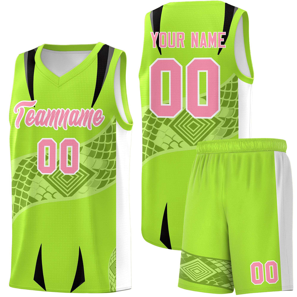 Custom Neon Green White Snake Scale Venomous Fang for Leagues Graffiti Pattern Basketball Suit Jersey