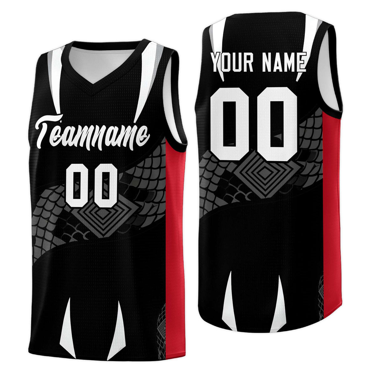 Custom Black Red  Snake Scale Venomous Fang Breathable Graffiti Pattern Basketball Suit Jersey