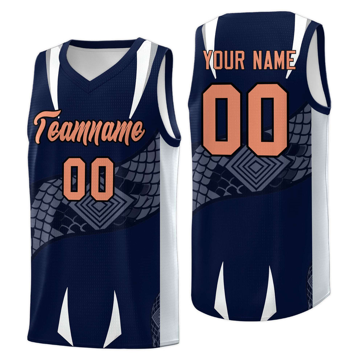 Custom Navy Silver Snake Scale Venomous Fang Drapable Graffiti Pattern Basketball Suit Jersey