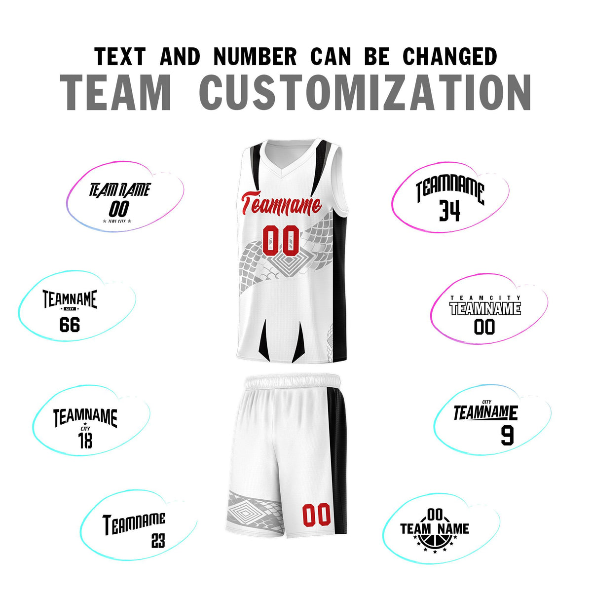 Custom White Black Snake Scale Venomous Fang for Leagues Graffiti Pattern Basketball Suit Jersey