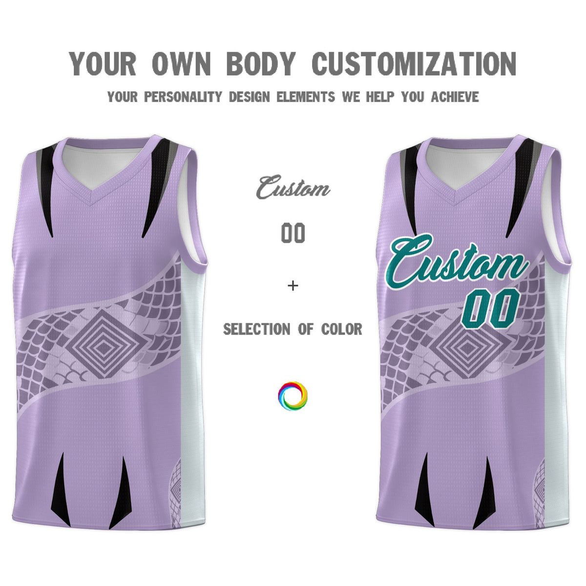 Custom Light Purple Silver Snake Scale Venomous Fang for Clubs Graffiti Pattern Basketball Suit Jersey