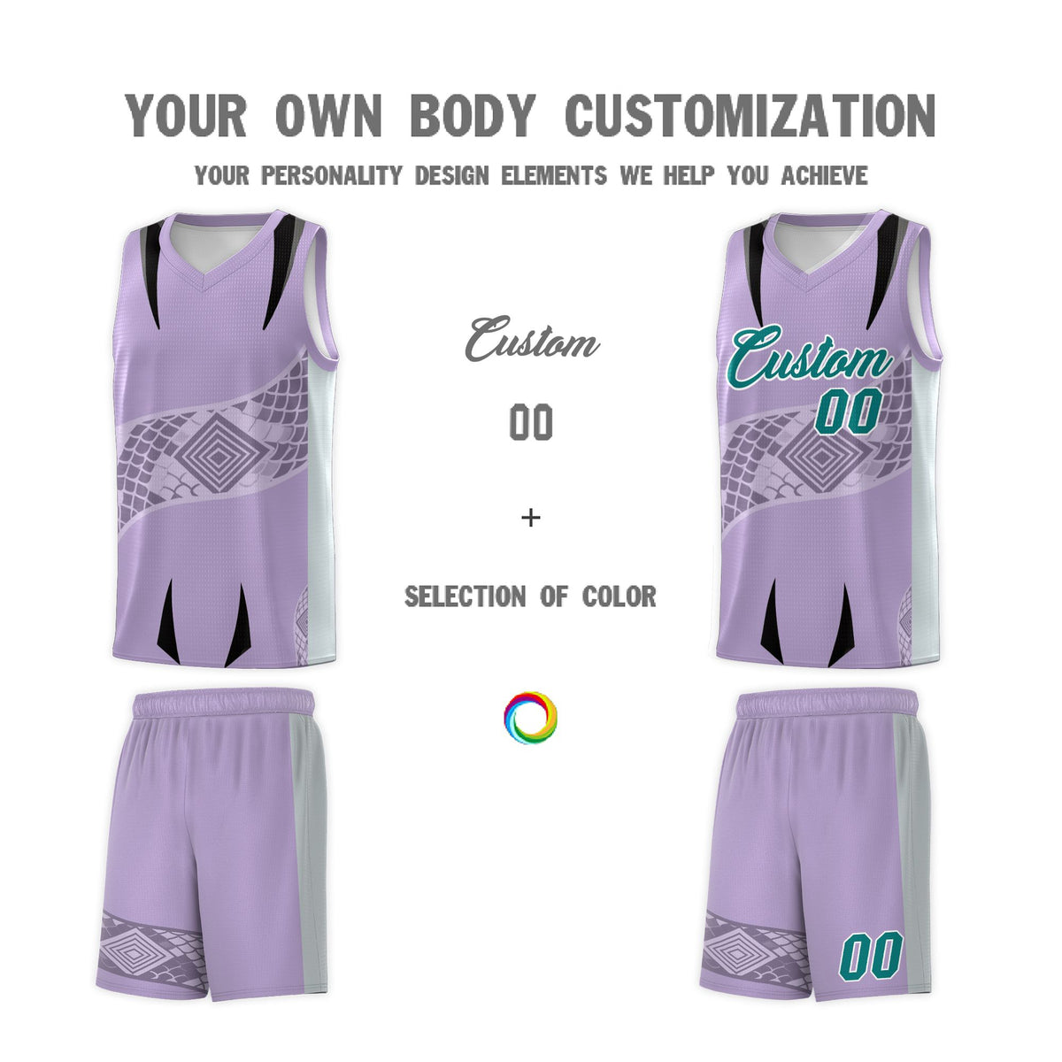 Custom Light Purple Silver Snake Scale Venomous Fang for Clubs Graffiti Pattern Basketball Suit Jersey