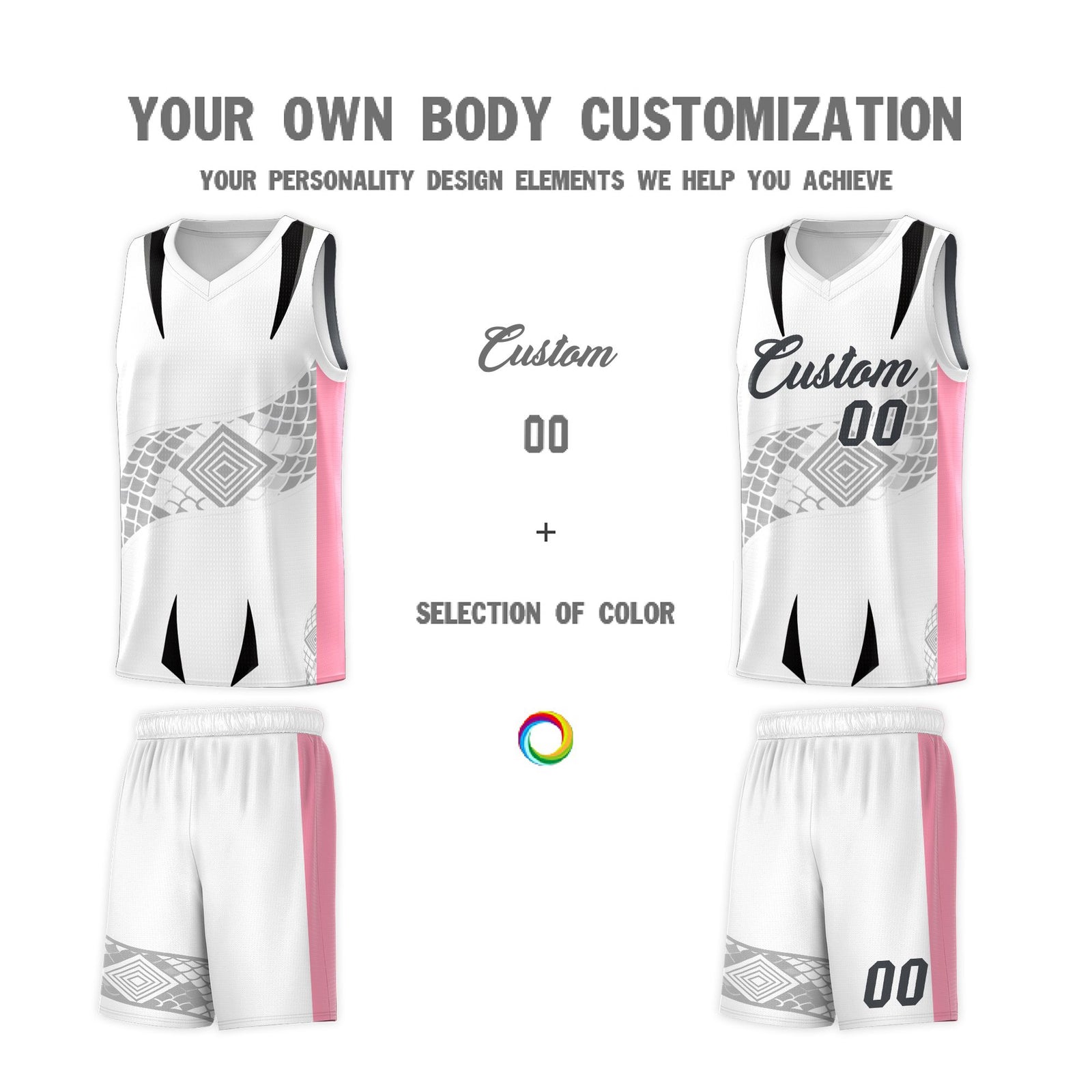 Custom White Light Pink Snake Scale Venomous Fang for Leagues Graffiti Pattern Basketball Suit Jersey