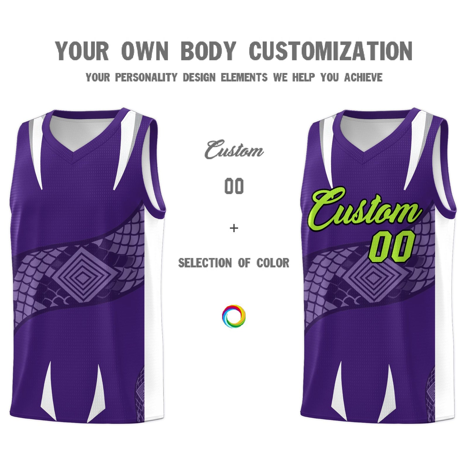 Custom Purple White Snake Scale Venomous Fang Breathable Graffiti Pattern Basketball Suit Jersey