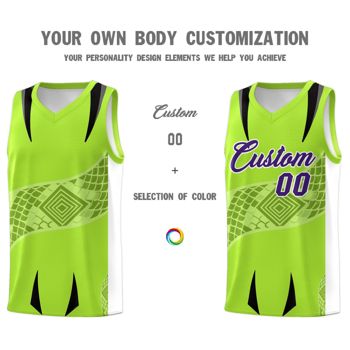 Custom Neon Green White Snake Scale Venomous Fang for Clubs Graffiti Pattern Basketball Suit Jersey