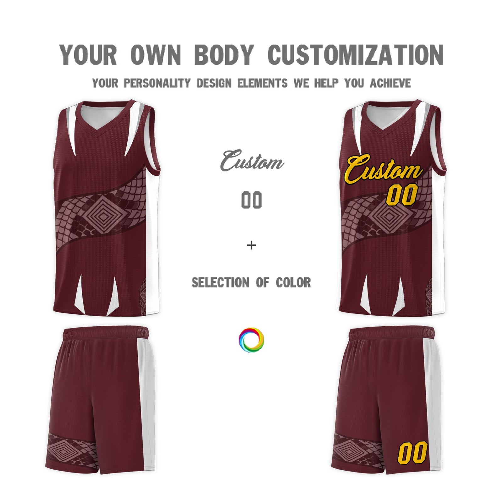 Custom Burgundy White Snake Scale Venomous Fang Drapable Graffiti Pattern Basketball Suit Jersey