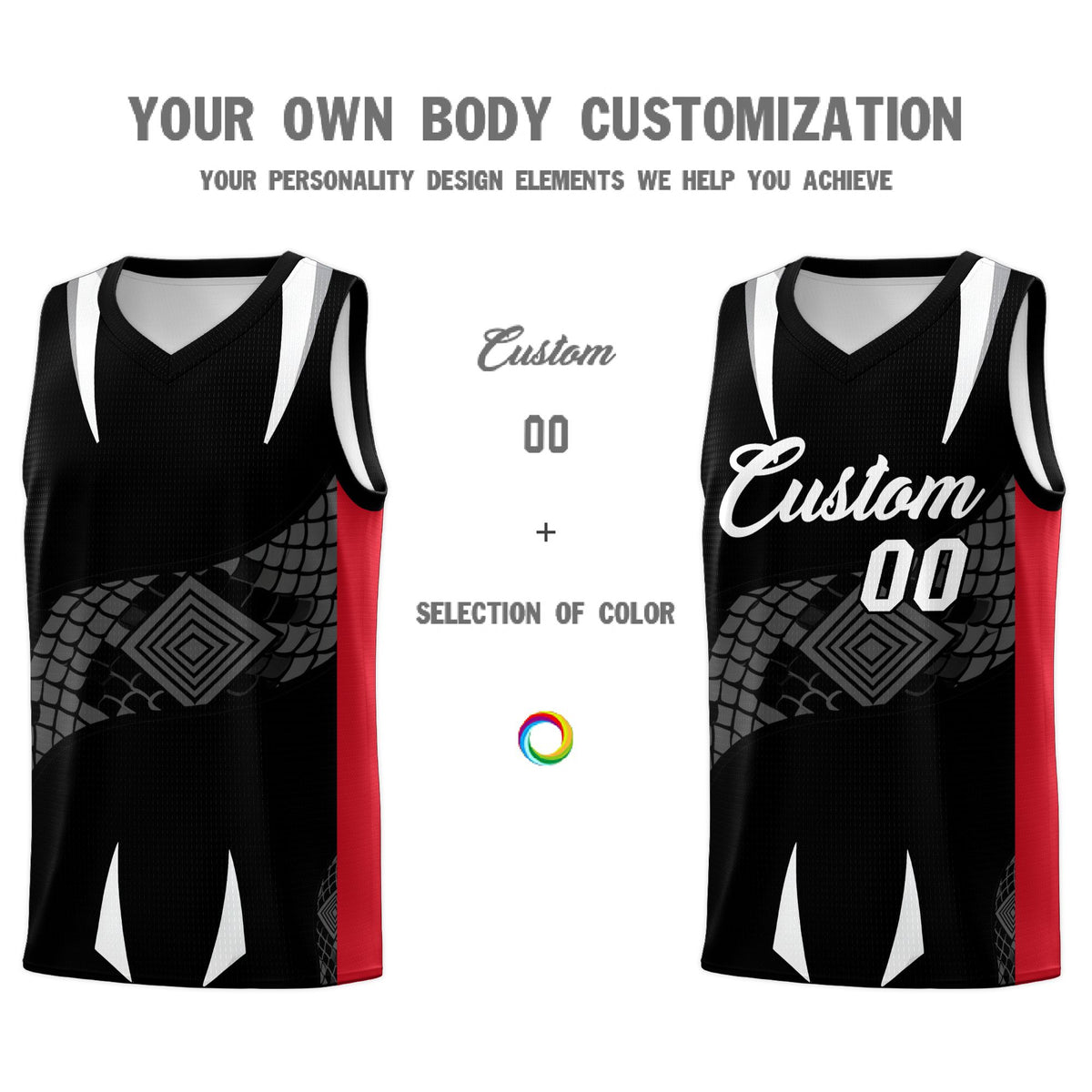 Custom Black Red  Snake Scale Venomous Fang Breathable Graffiti Pattern Basketball Suit Jersey