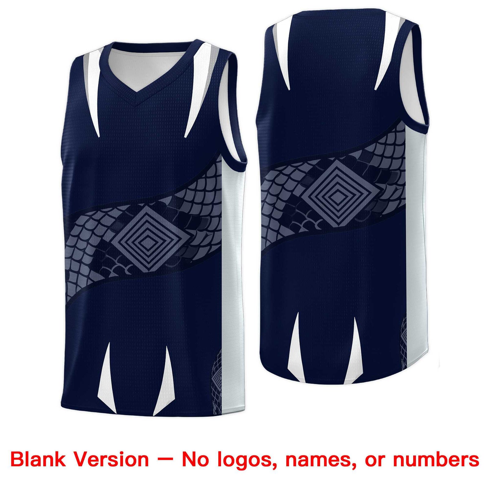 Custom Navy Silver Snake Scale Venomous Fang Drapable Graffiti Pattern Basketball Suit Jersey