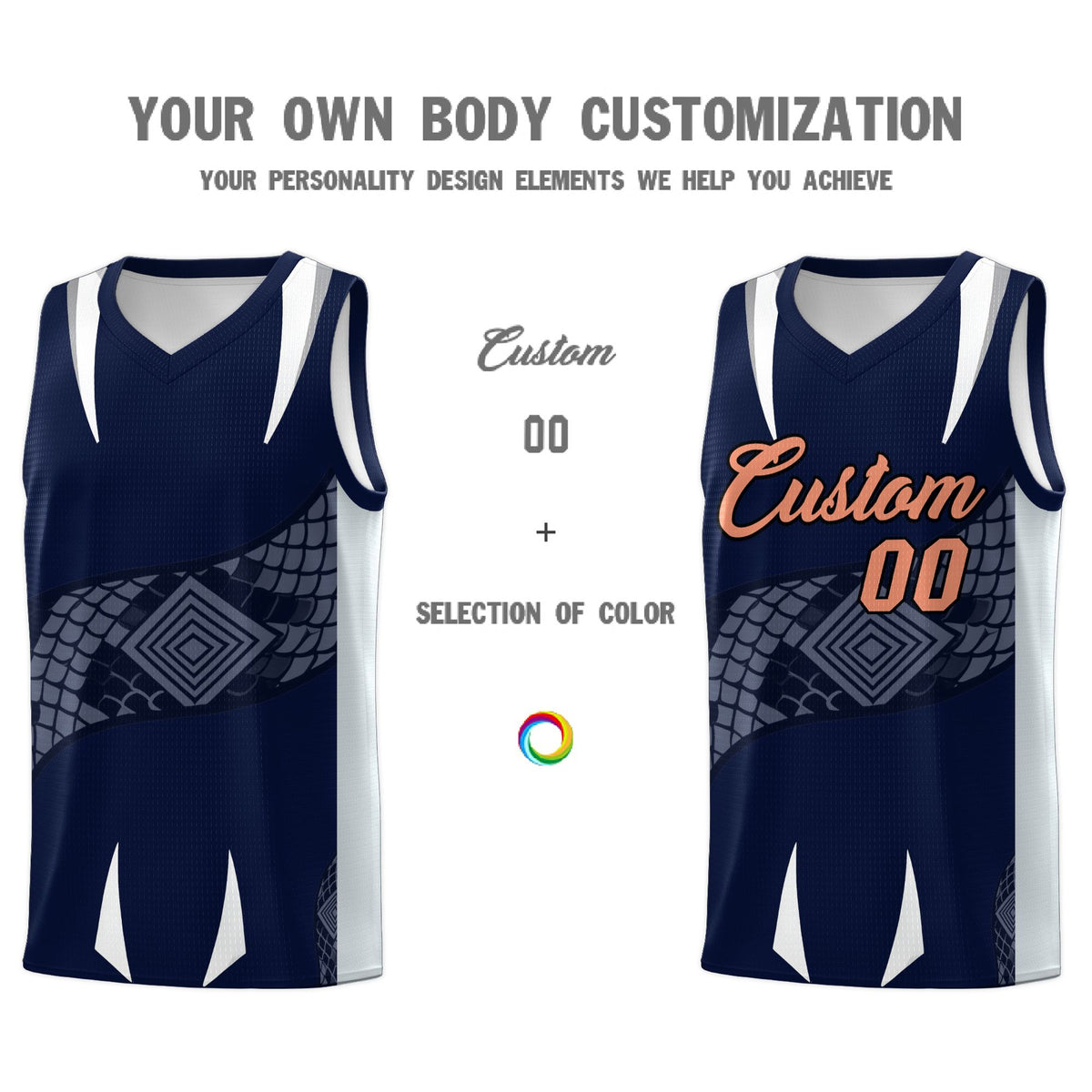 Custom Navy Silver Snake Scale Venomous Fang Drapable Graffiti Pattern Basketball Suit Jersey
