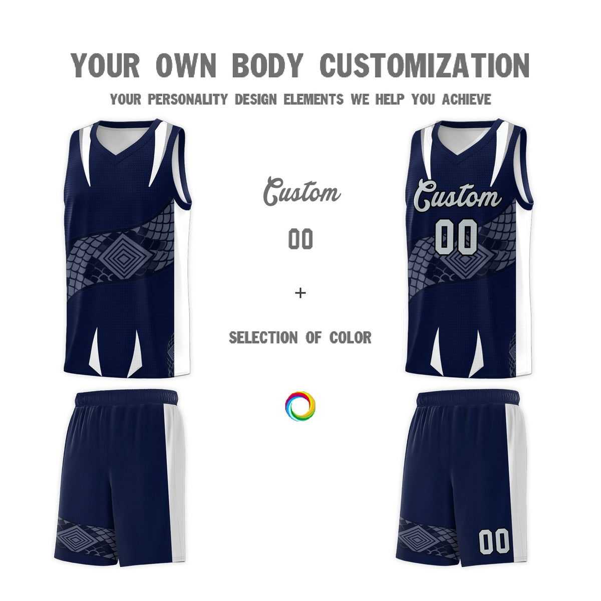 Custom Navy White Snake Scale Venomous Fang Lightweight Graffiti Pattern Basketball Suit Jersey