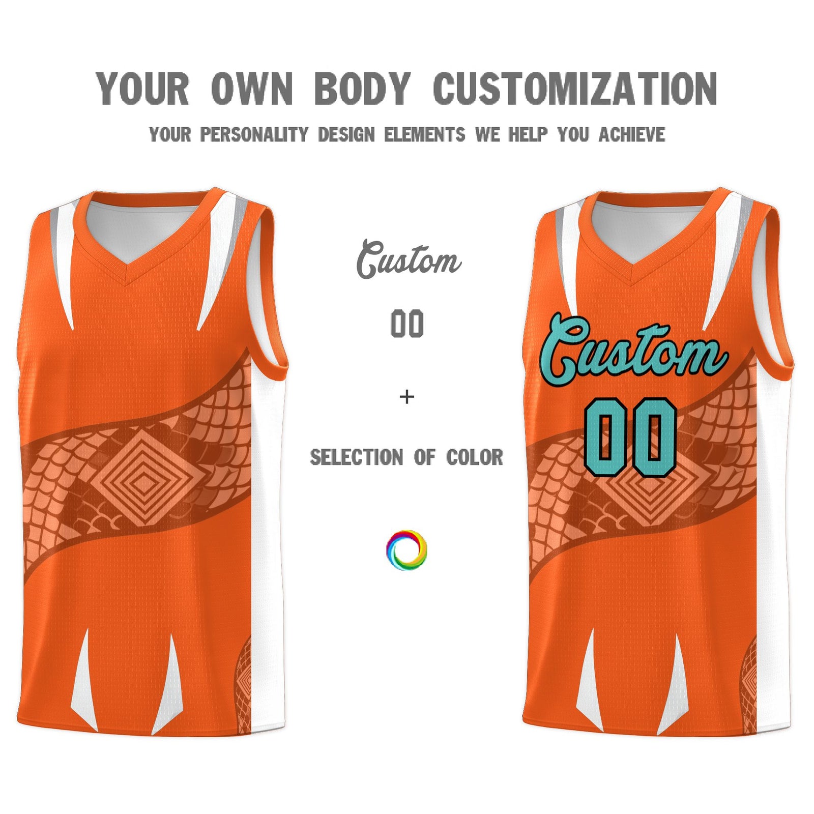 Custom Orange White Snake Scale Venomous Fang Lightweight Graffiti Pattern Basketball Suit Jersey