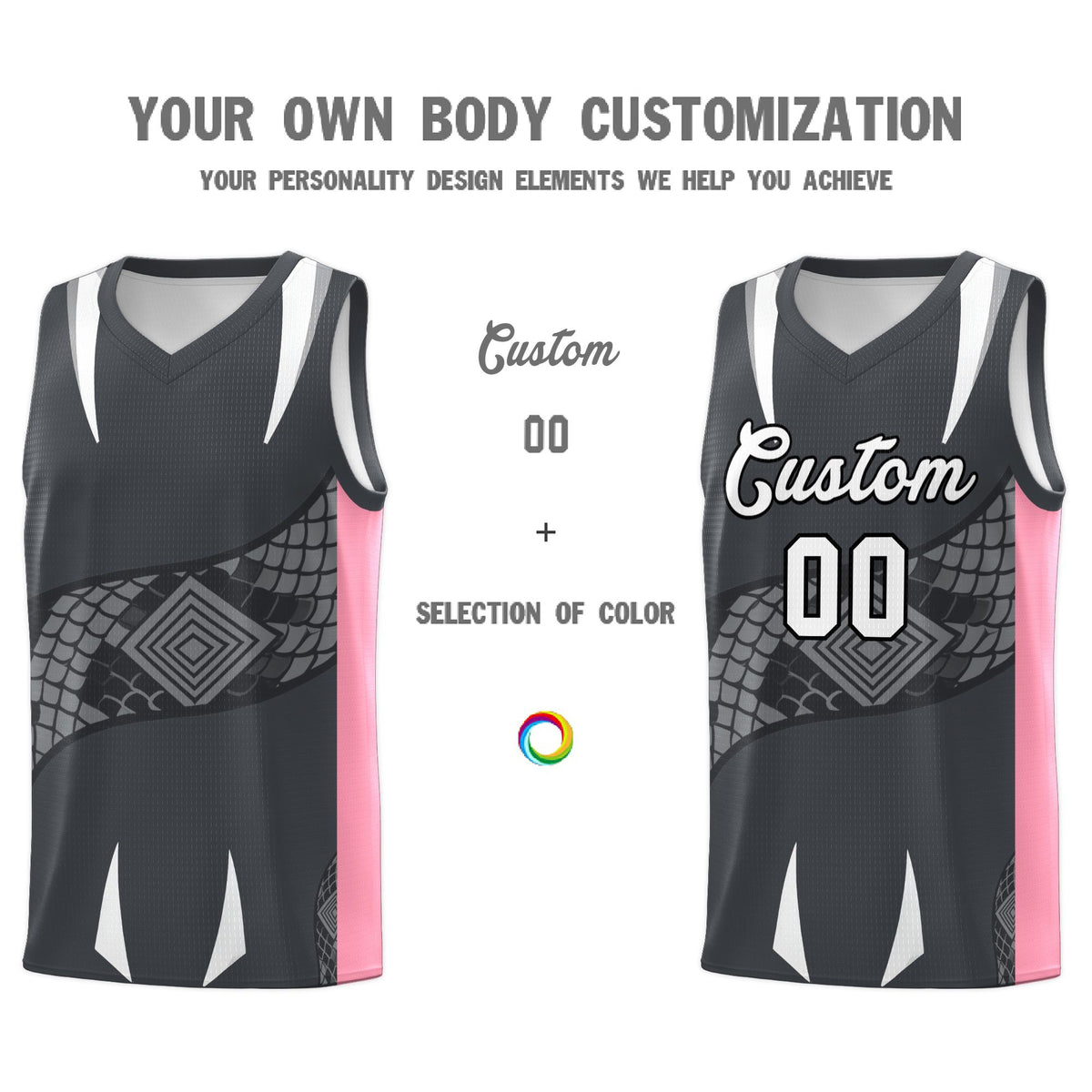 Custom Gray Light Pink Snake Scale Venomous Fang Drapable Graffiti Pattern Basketball Suit Jersey