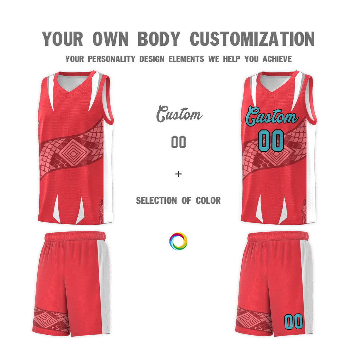 Custom Light Red White Snake Scale Venomous Fang Lightweight Graffiti Pattern Basketball Suit Jersey