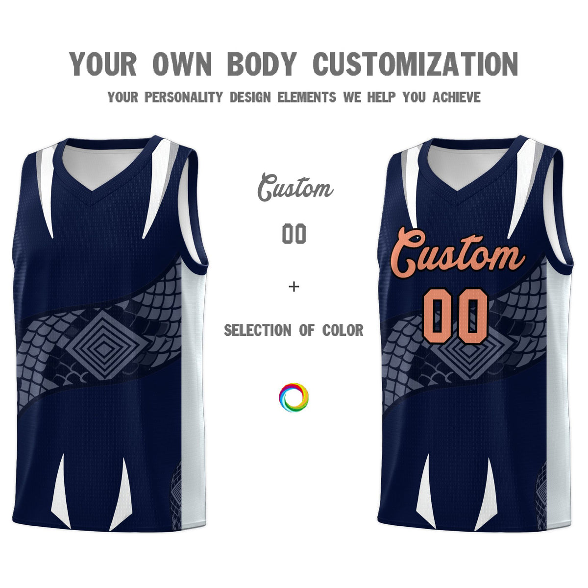 Custom Navy Silver Snake Scale Venomous Fang Drapable Graffiti Pattern Basketball Suit Jersey