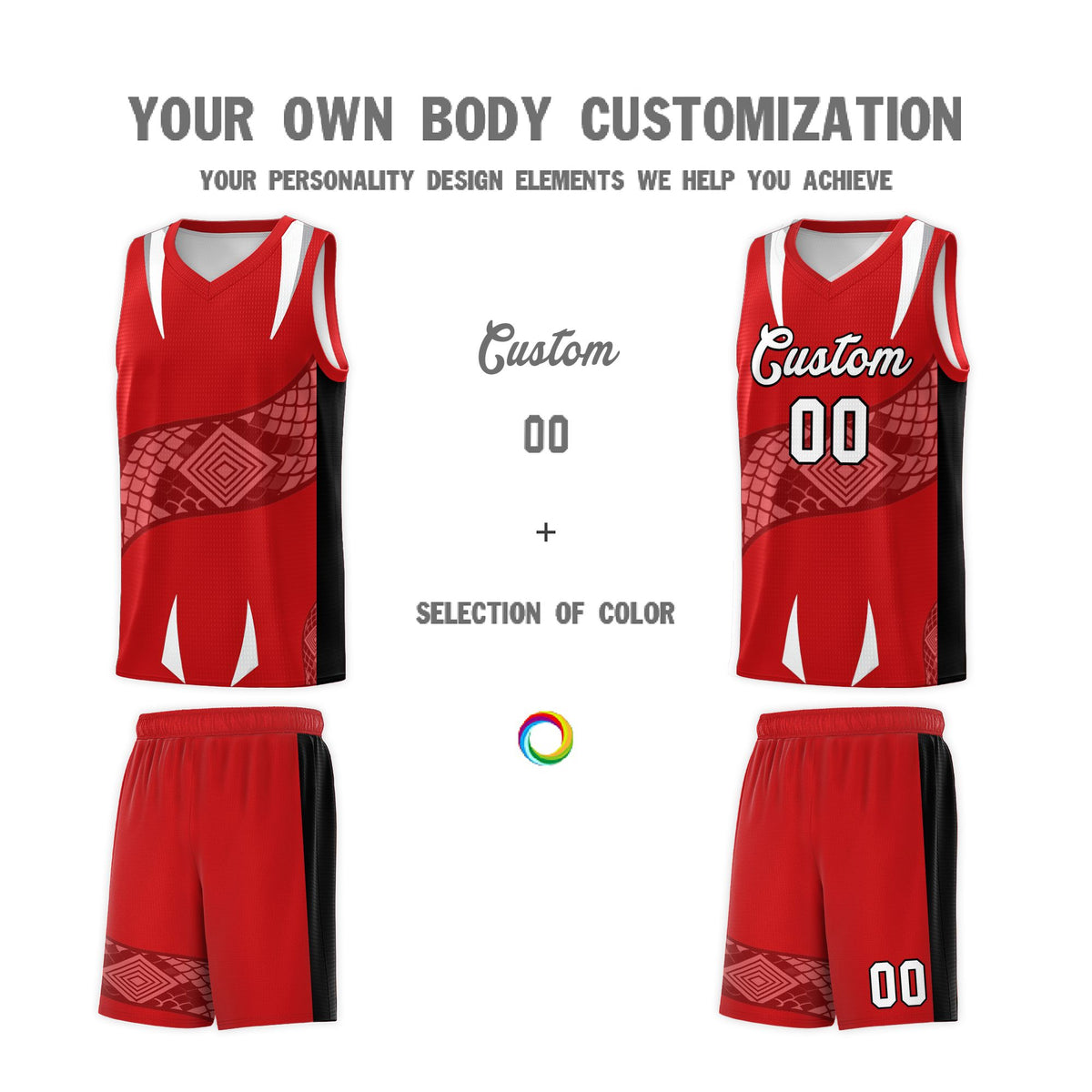 Custom Red Black Snake Scale Venomous Fang Drapable Graffiti Pattern Basketball Suit Jersey