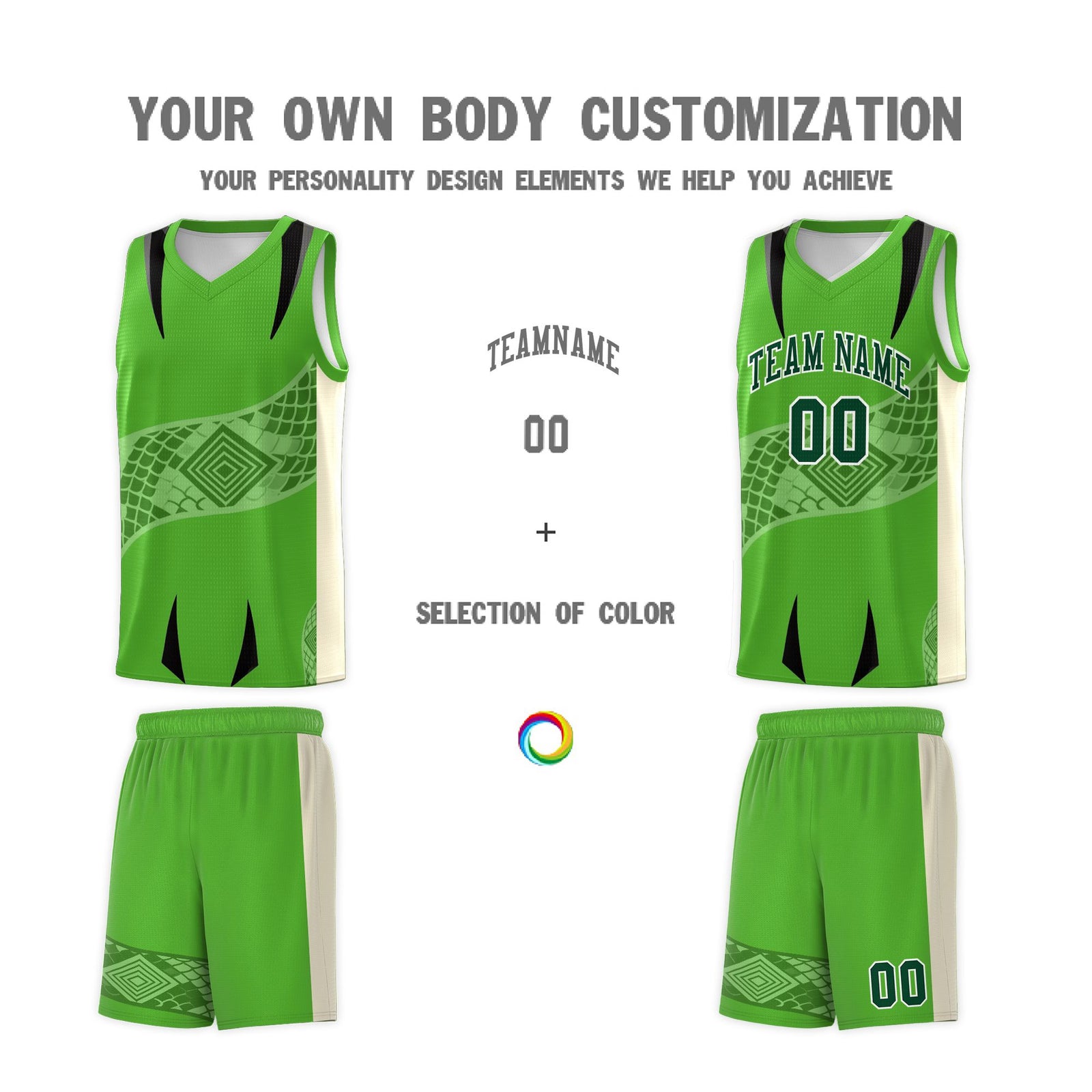 Custom Light Green Cream Snake Scale Venomous Fang for Team Graffiti Pattern Basketball Suit Jersey