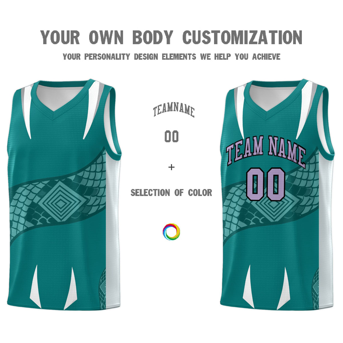 Custom Teal Silver Snake Scale Venomous Fang Breathable Graffiti Pattern Basketball Suit Jersey