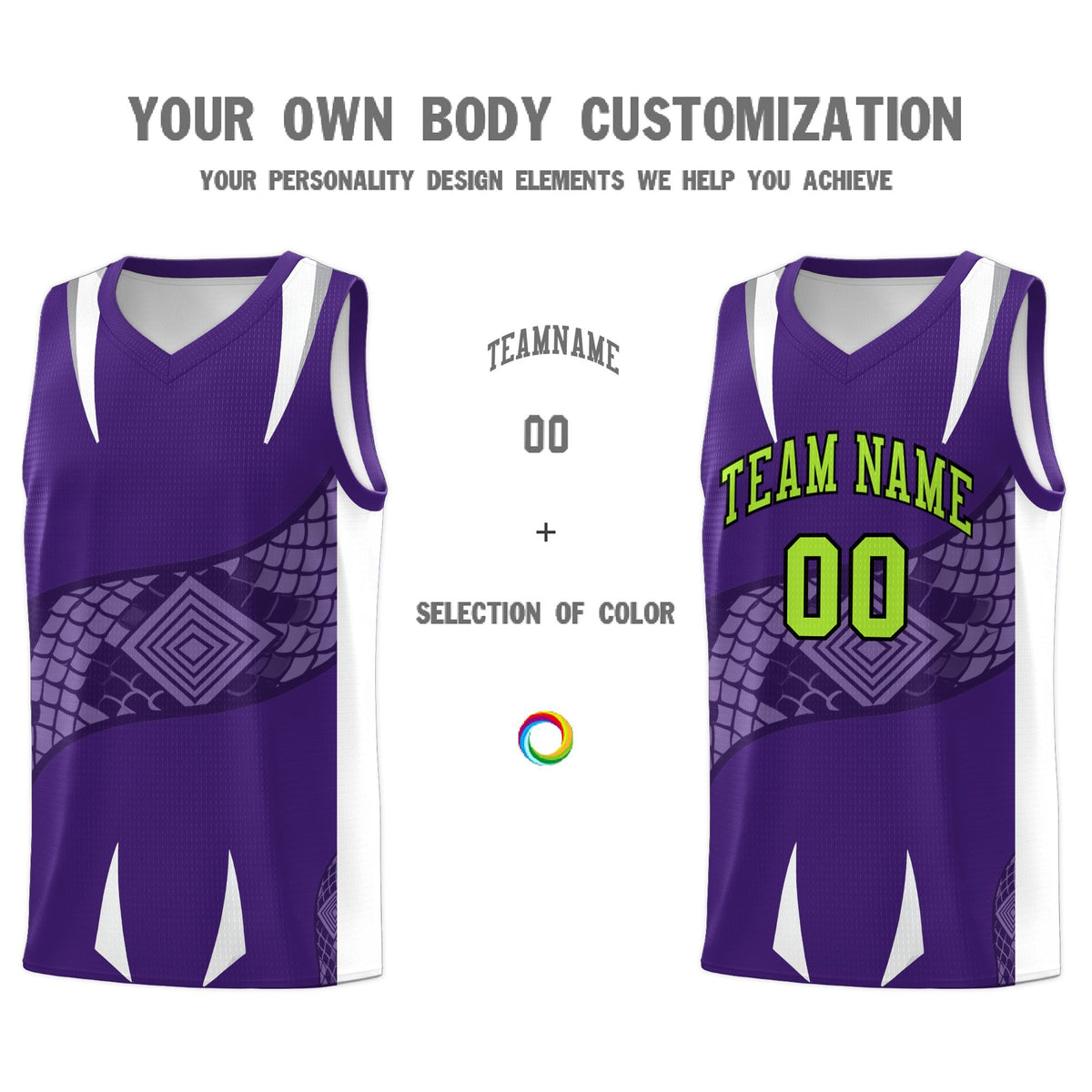 Custom Purple White Snake Scale Venomous Fang Breathable Graffiti Pattern Basketball Suit Jersey