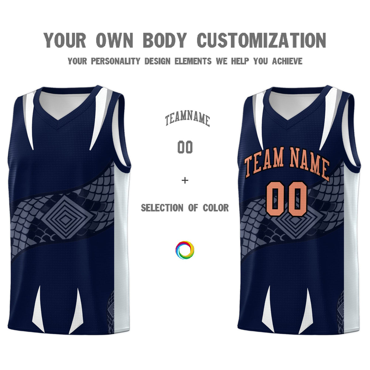 Custom Navy Silver Snake Scale Venomous Fang Drapable Graffiti Pattern Basketball Suit Jersey