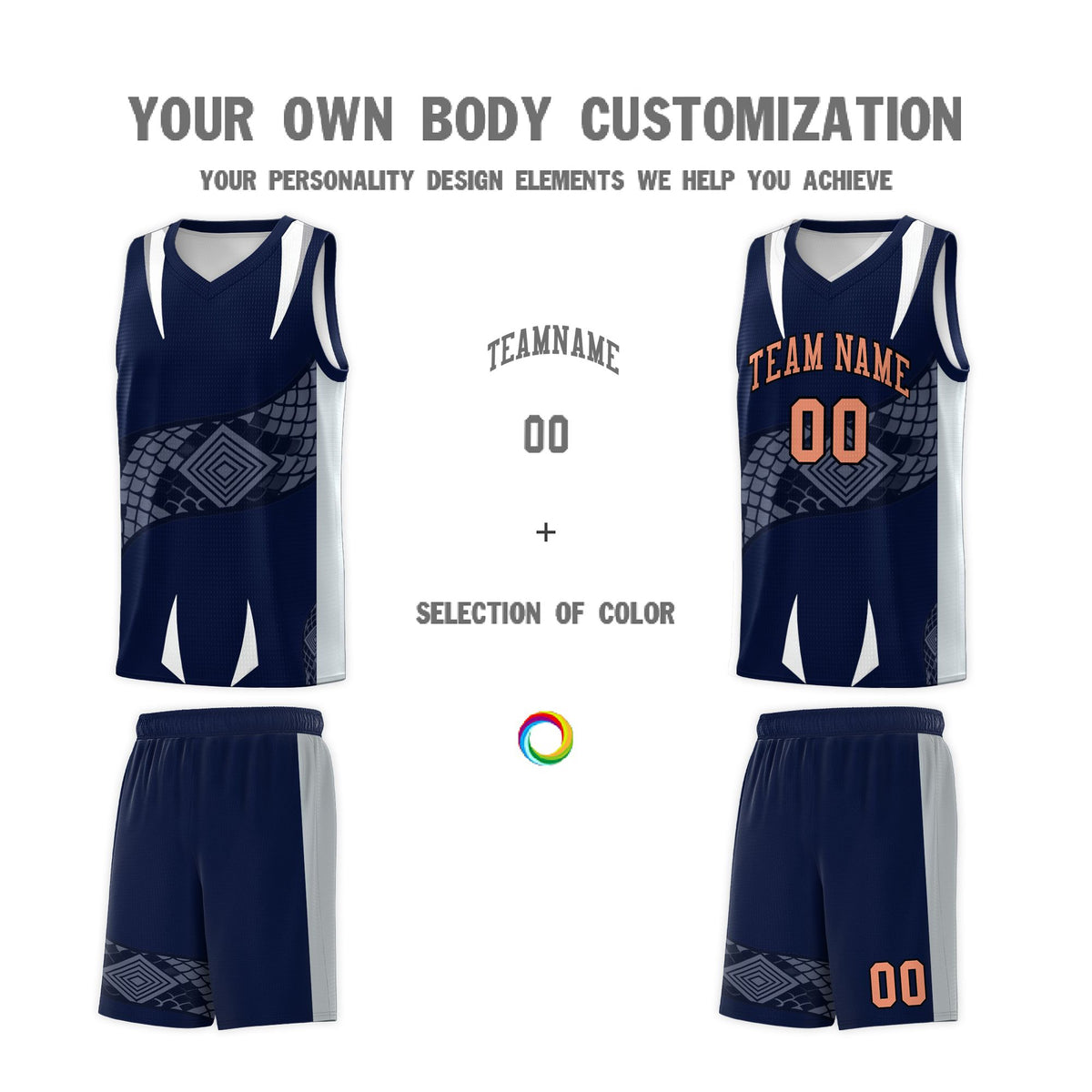 Custom Navy Silver Snake Scale Venomous Fang Drapable Graffiti Pattern Basketball Suit Jersey