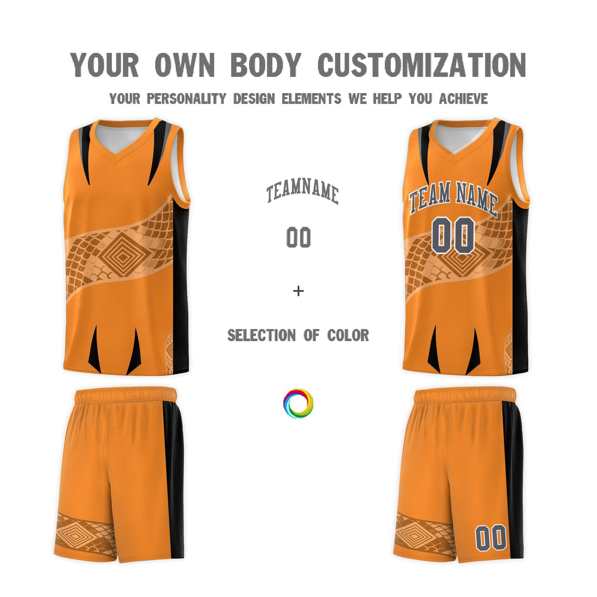 Custom Orange Black Snake Scale Venomous Fang for Clubs Graffiti Pattern Basketball Suit Jersey