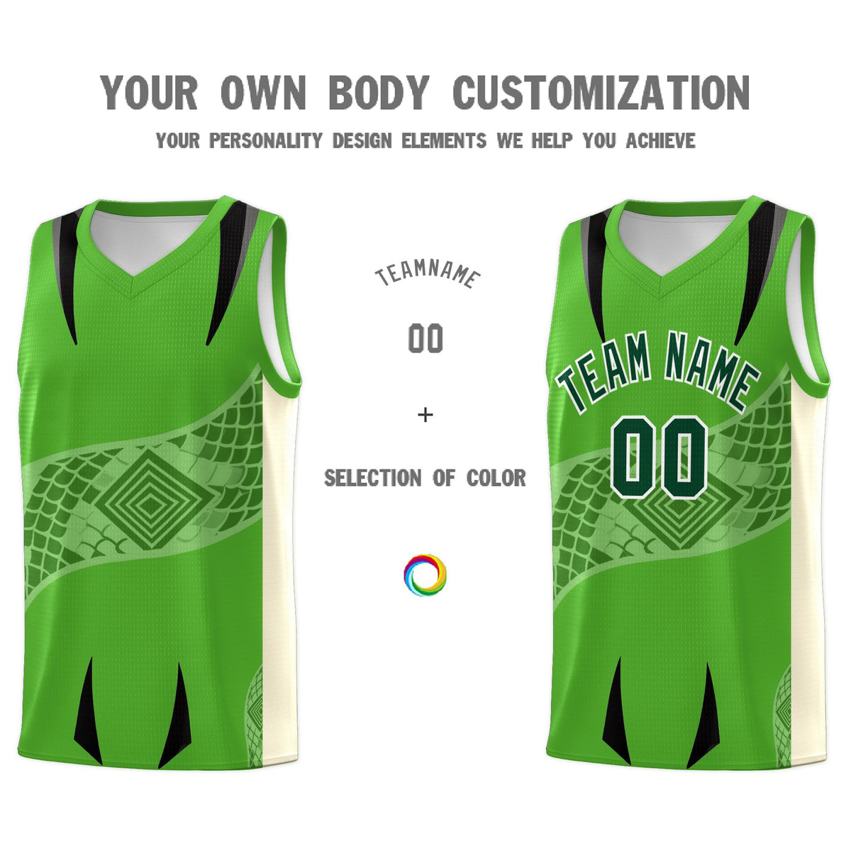Custom Light Green Cream Snake Scale Venomous Fang for Team Graffiti Pattern Basketball Suit Jersey