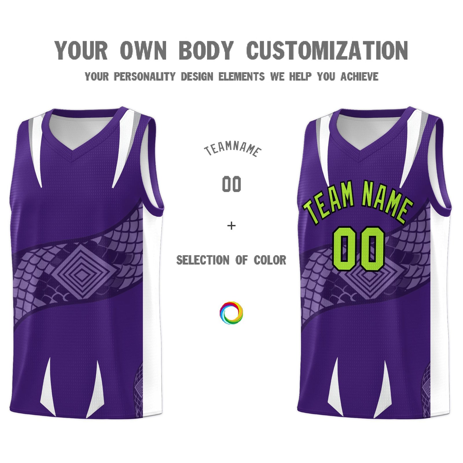 Custom Purple White Snake Scale Venomous Fang Breathable Graffiti Pattern Basketball Suit Jersey