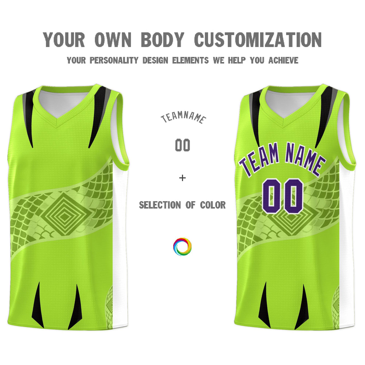 Custom Neon Green White Snake Scale Venomous Fang for Clubs Graffiti Pattern Basketball Suit Jersey