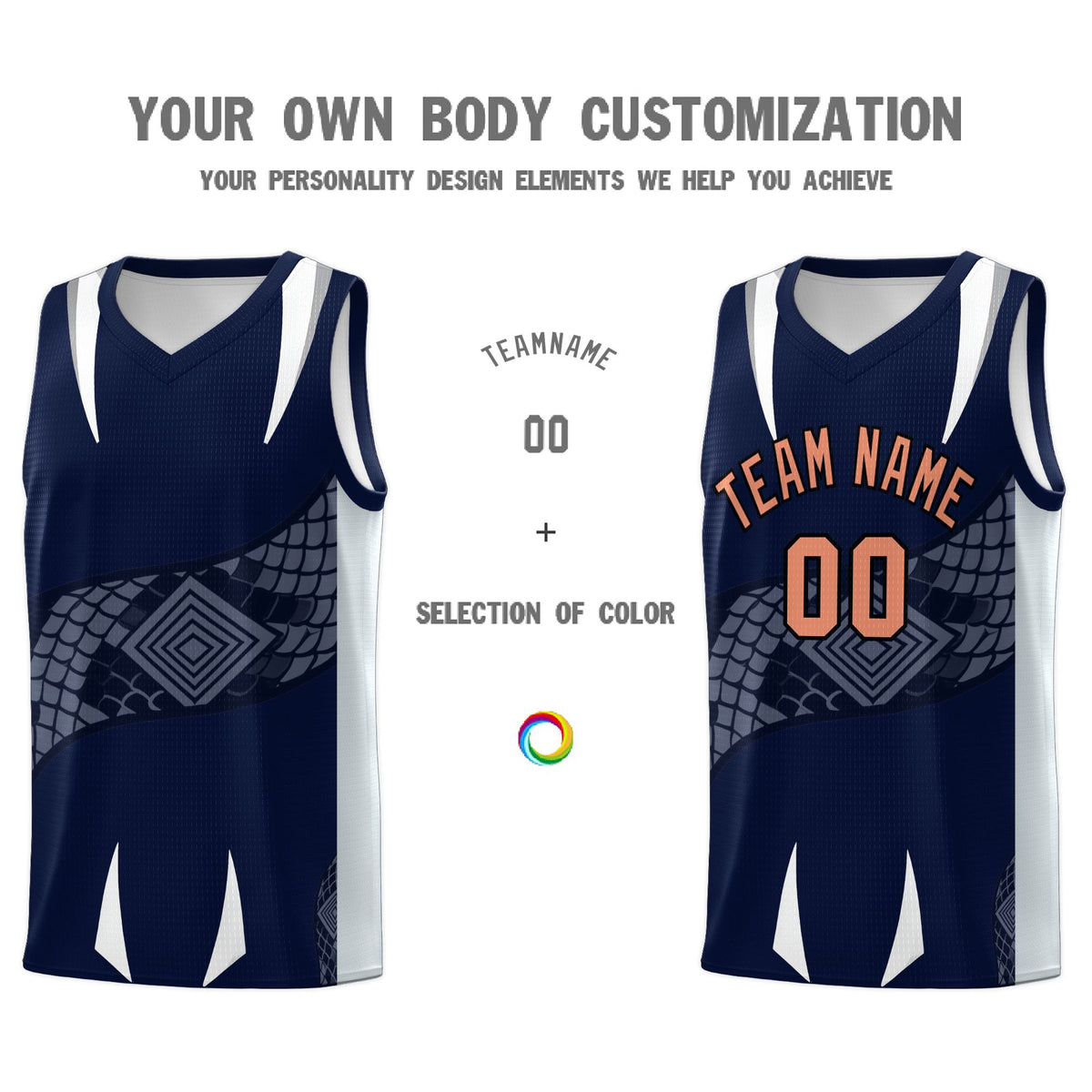 Custom Navy Silver Snake Scale Venomous Fang Drapable Graffiti Pattern Basketball Suit Jersey