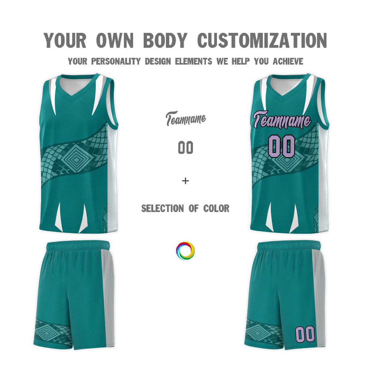Custom Teal Silver Snake Scale Venomous Fang Breathable Graffiti Pattern Basketball Suit Jersey