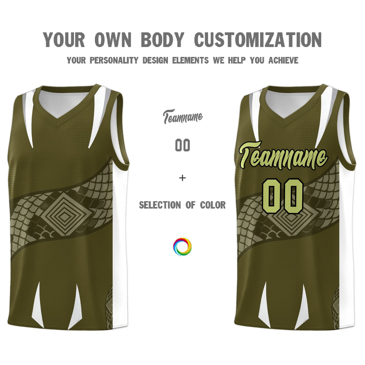 Custom Olive White Snake Scale Venomous Fang Breathable Graffiti Pattern Basketball Suit Jersey