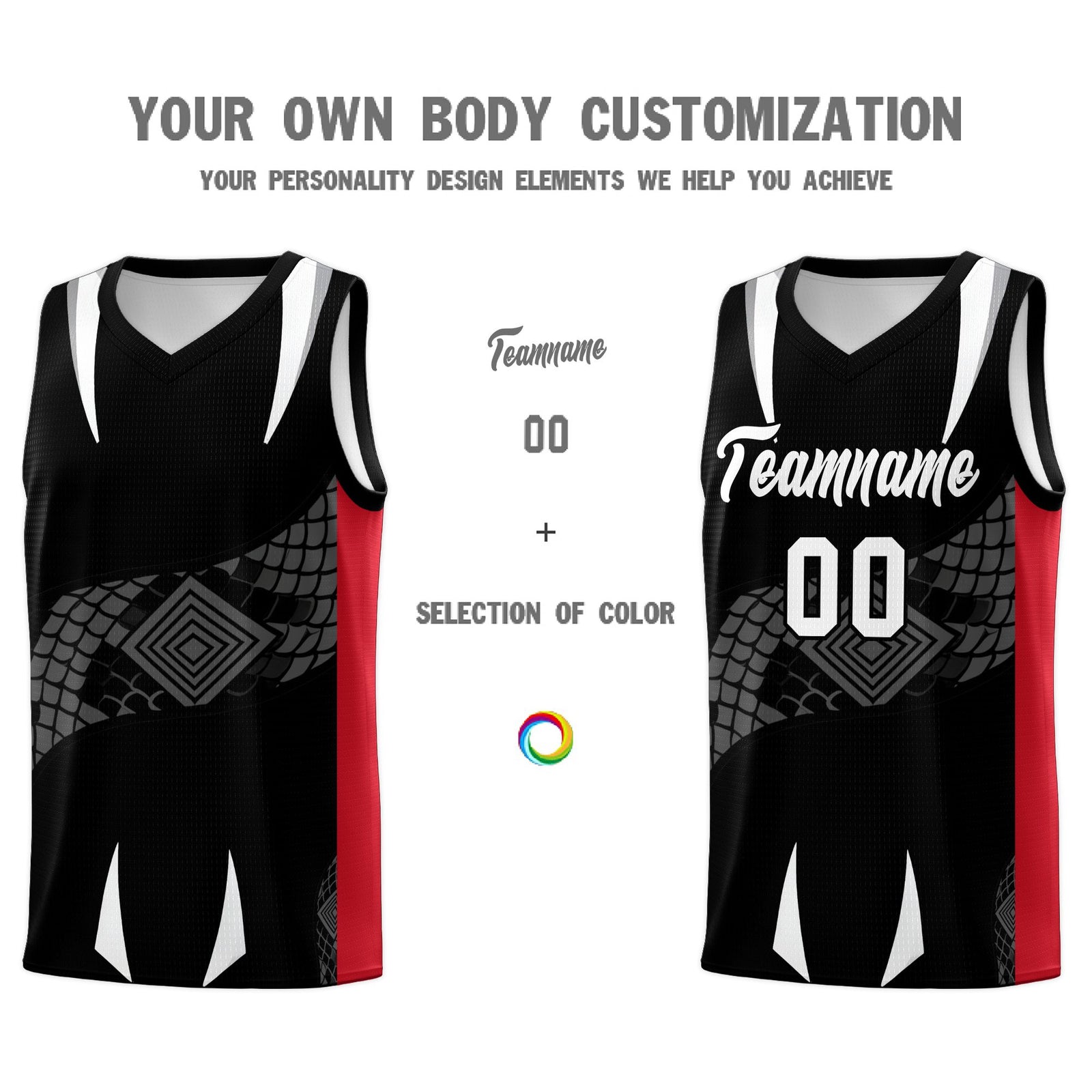 Custom Black Red  Snake Scale Venomous Fang Breathable Graffiti Pattern Basketball Suit Jersey