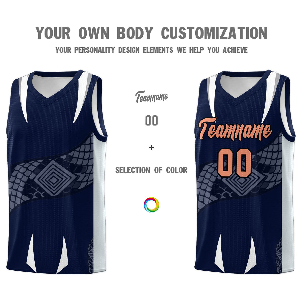 Custom Navy Silver Snake Scale Venomous Fang Drapable Graffiti Pattern Basketball Suit Jersey