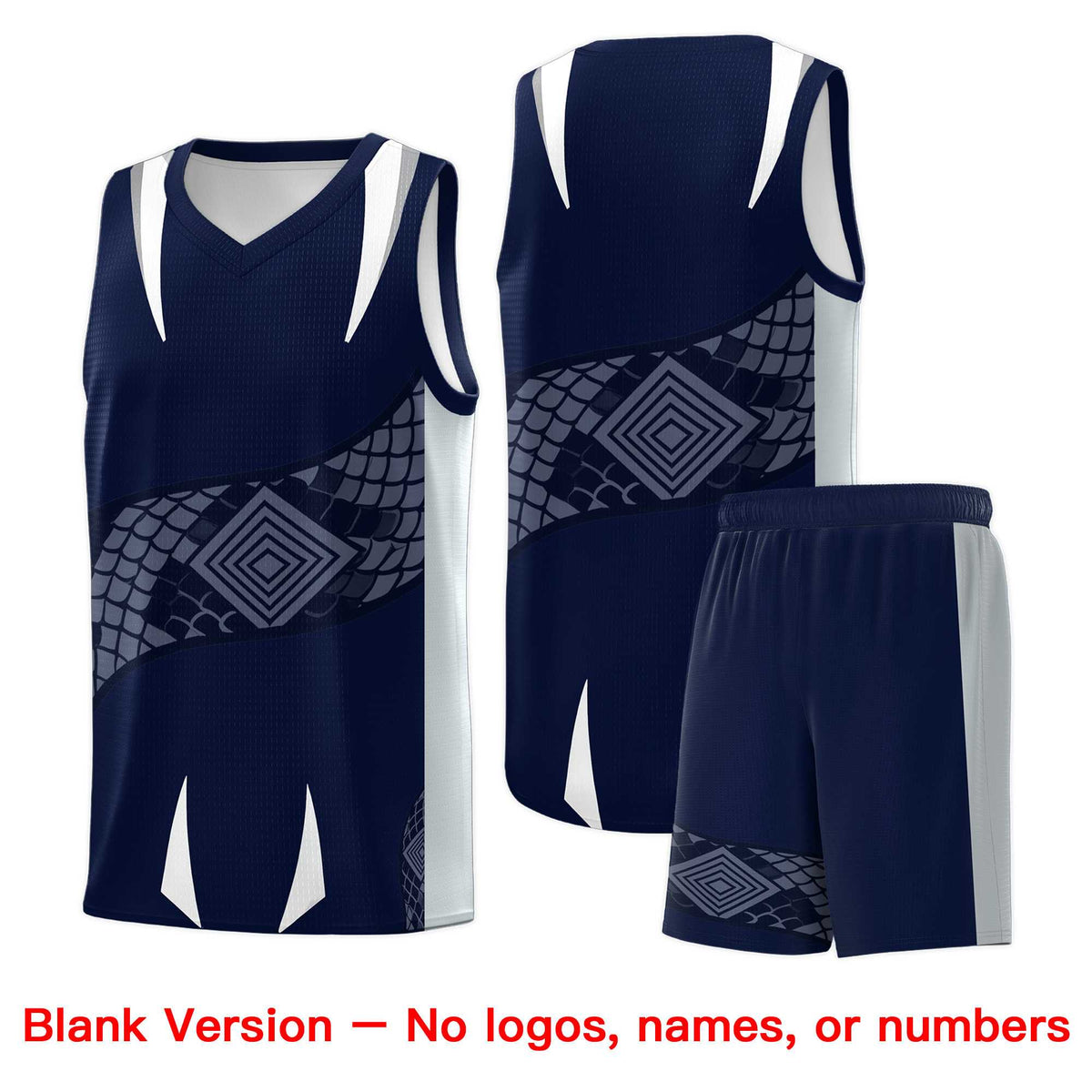 Custom Navy Silver Snake Scale Venomous Fang Drapable Graffiti Pattern Basketball Suit Jersey