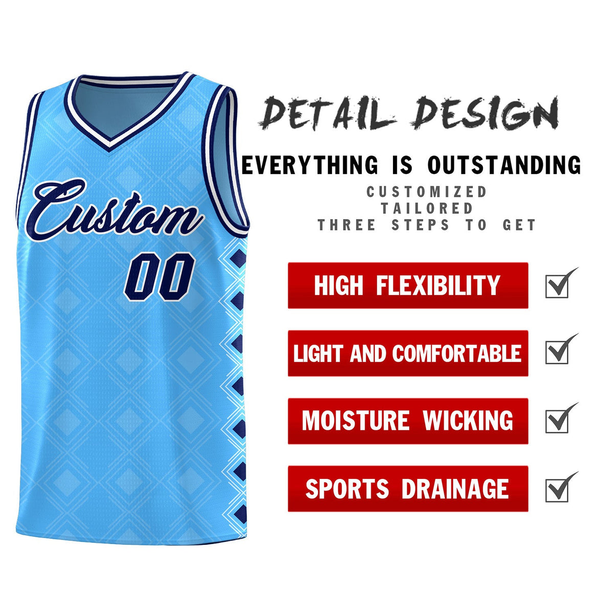 Custom Light Blue Side Blocks Sports Uniform Basketball Jersey
